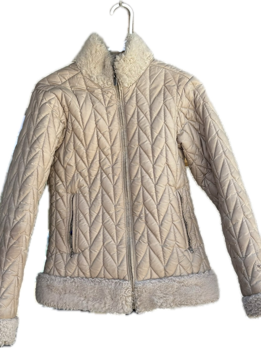 Vintage Patagonia Cream Quilted Herringbone Faux-Shearling Trim Puffer Jacket